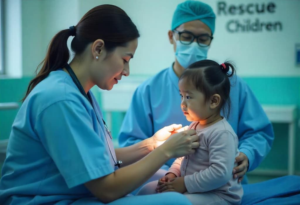 A clinician examining a child in a clinic